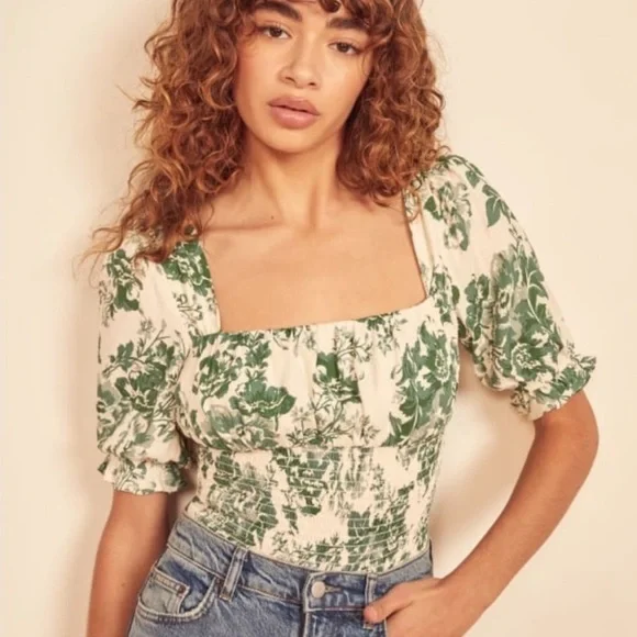 REFORMATION Adour Top Blouse Fortune Green Floral Size XS - Picture 6 of 10